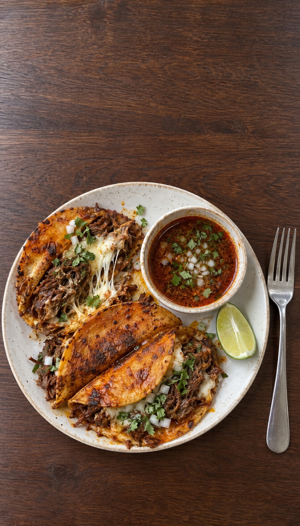 Birria Taco Bake, a Mexican-inspired recipe: birria-spiced beef baked beside folded corn tortillas, onion and cilantro in...
