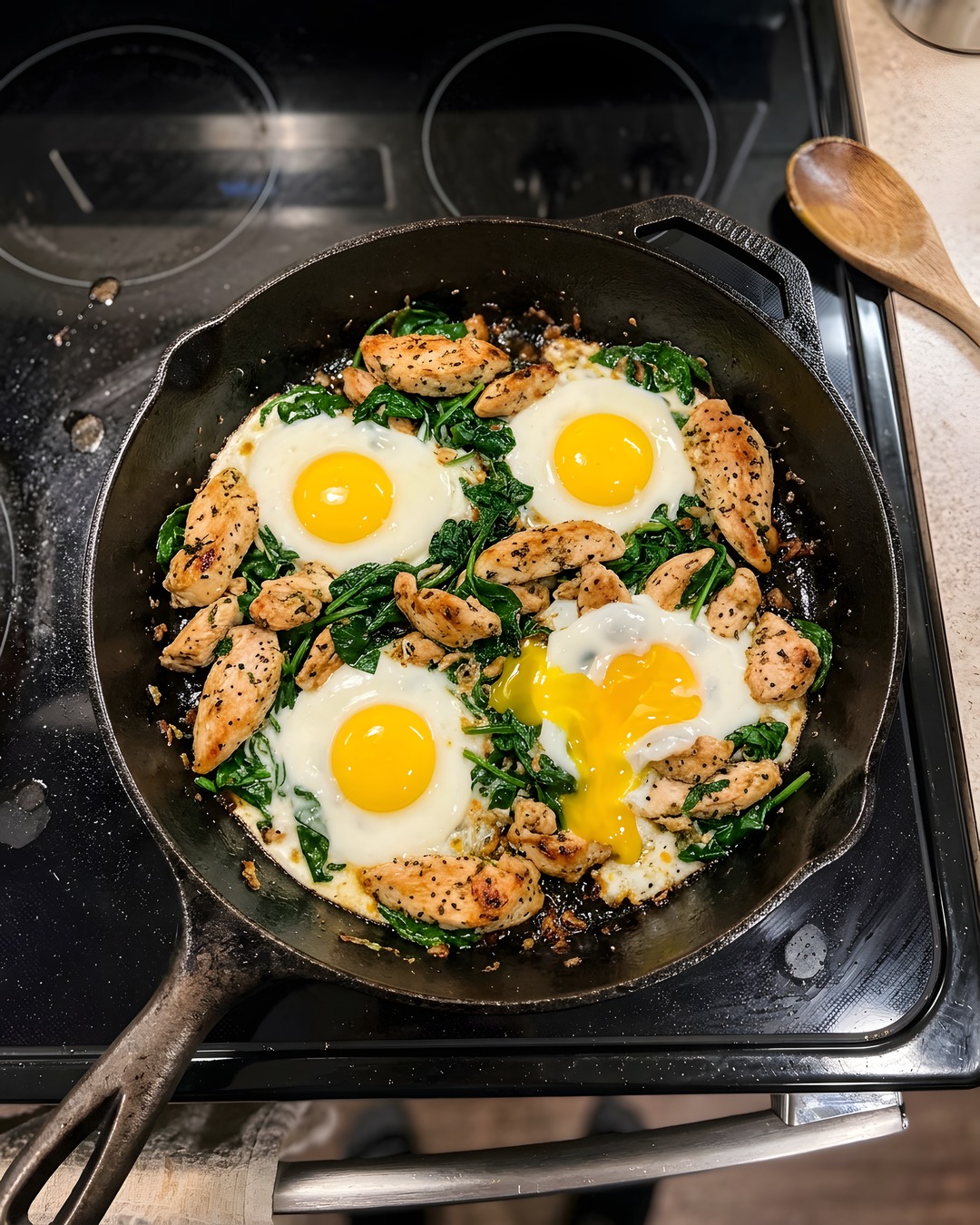 Golden Garlic Chicken & Runny Egg Skillet