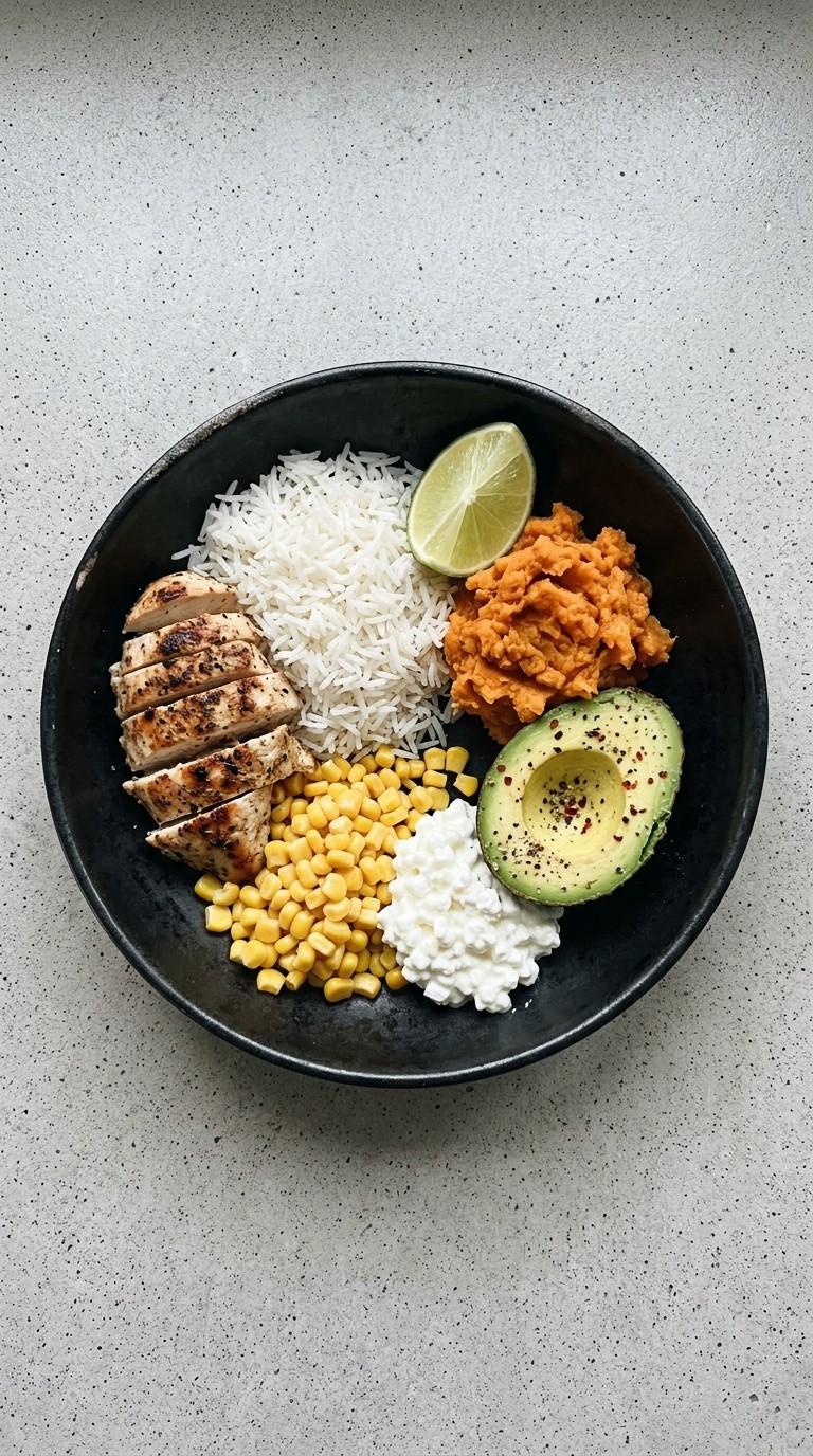 Grilled Chicken Plate with Sweet Potato Mash, Corn and Cottage Cheese