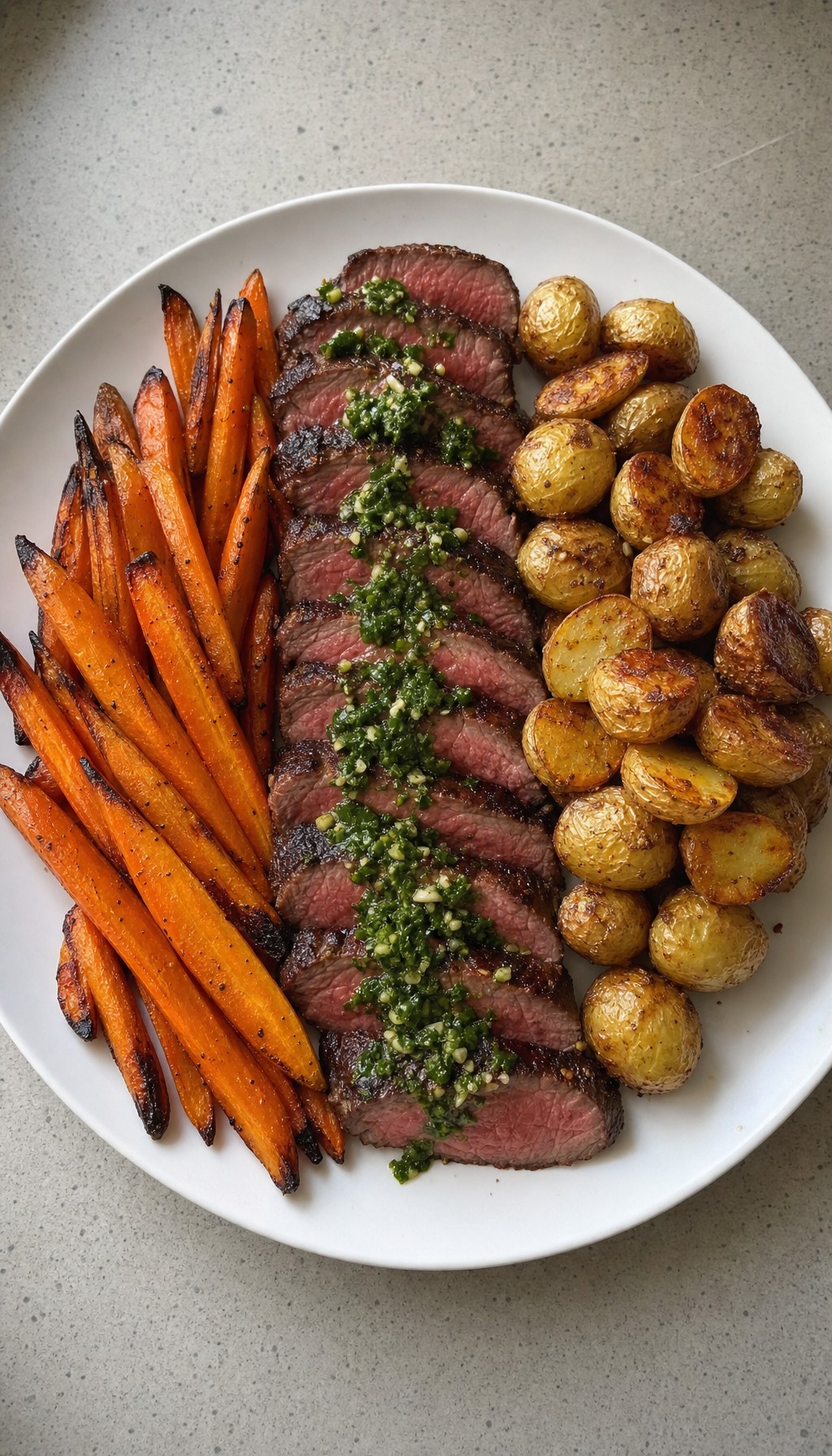 Steak with Chimichurri, Carrots and Potatoes